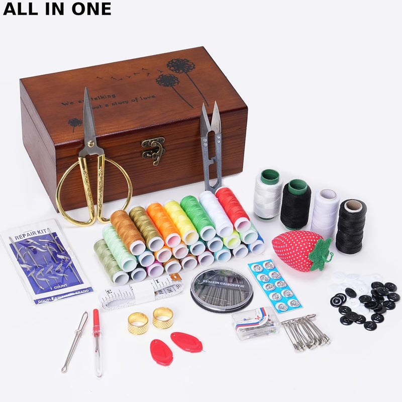VEAPILS Wooden Sewing Kit Box, Wooden Sewing Box with Sew Kit Accessories, Sewing Repair Kit Sewing Basket, Basic Sewing Kit for Adults, Beginner Universal Home Sewing Repair Tool Kit - Vintage Sewing Set - Image 2